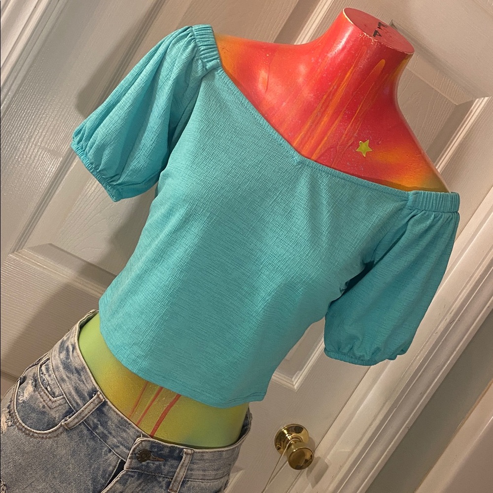 BLASHE Elegant Kawaii Flirty Cute Teal Puff Sleeve Blouse
